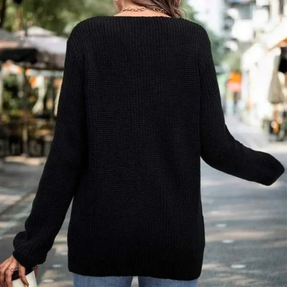 Crochet Floral Detailed round neckline black Ribbed Knit Sweater Top fall winte - Picture 3 of 6